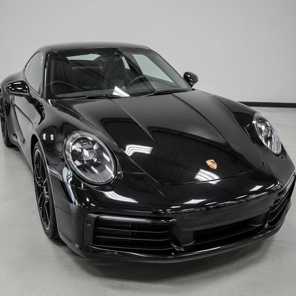 Porsche 911 negro con acabado espejo perfecto, brillo profundo, reflejos nítidos de luces LED y negro intenso - resultado del recubrimiento cerámico profesional